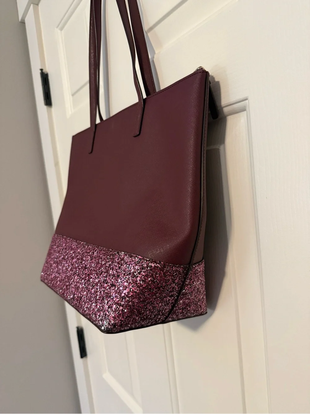 kate spade burgundy tote with pink glitter base